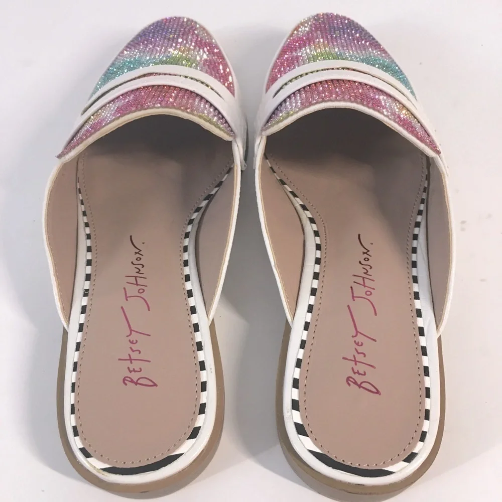 NEW Betsy Johnson Rainbow Rhinestone white loafer mule